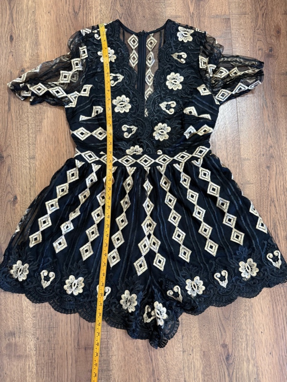 SWEET LEMON Black & Gold Embroidered Mesh Romper Lace Geometric size M - Picture 3 of 13